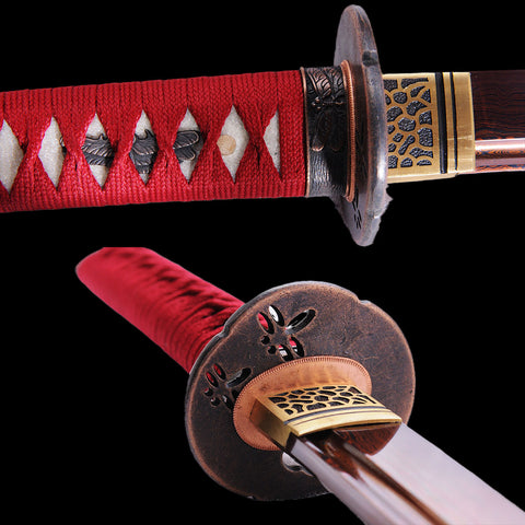 Hand Forged Japanese Wakizashi Sword Folded Steel Reddish Black Blade Full Tang-COOLKATANA