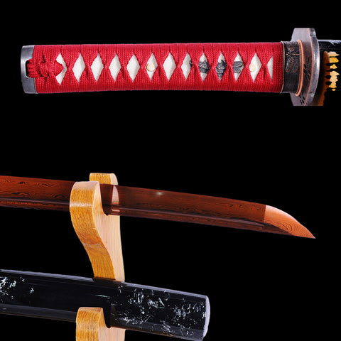 Hand Forged Japanese Wakizashi Sword Folded Steel Reddish Black Blade Full Tang-COOLKATANA