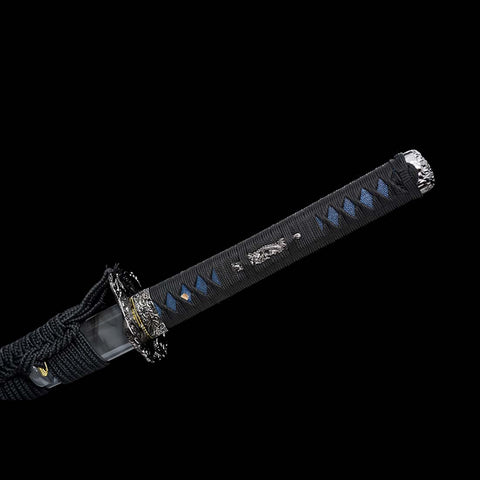 Handmade Japanese Samurai Katana, Dragon Sword Blue Blade with Bo-hi 1060 Carbon Steel Clay Tempered Dragon Pattern Fitting-COOLKATANA