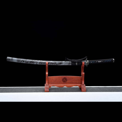 Handmade Japanese Samurai Katana, Dragon Sword Blue Blade with Bo-hi 1060 Carbon Steel Clay Tempered Dragon Pattern Fitting-COOLKATANA