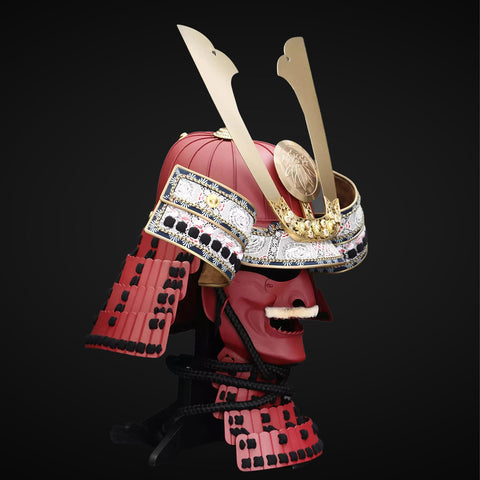 Red Yoroi armor with Kuro Kuwagata helmet, a must-have for Under Armour store shoppers.


