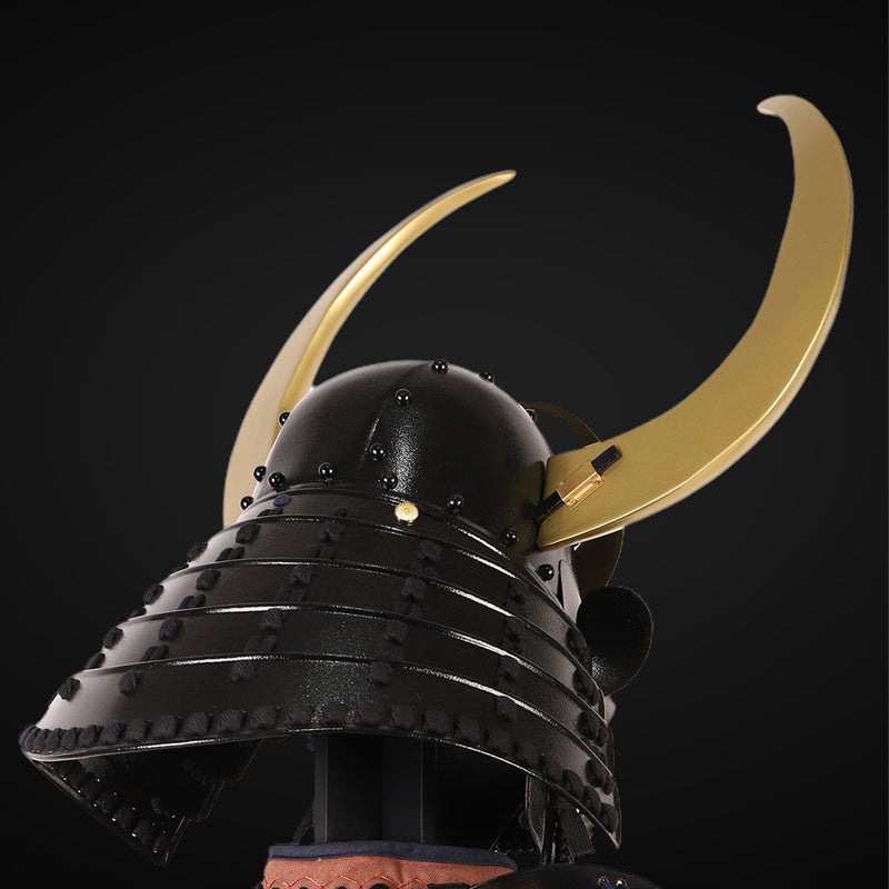 Handmade Black Japanese Samurai Armor with Golden Bull Antler, Full-Si 