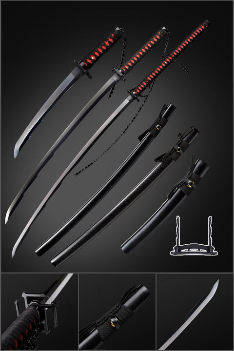Anime Bleach Ichigo Kurosaki Bankai Sword Set 3PCS Tensa Zangetsu Katana – Mini, Standard & Extended with 3-Tier Display Stand
