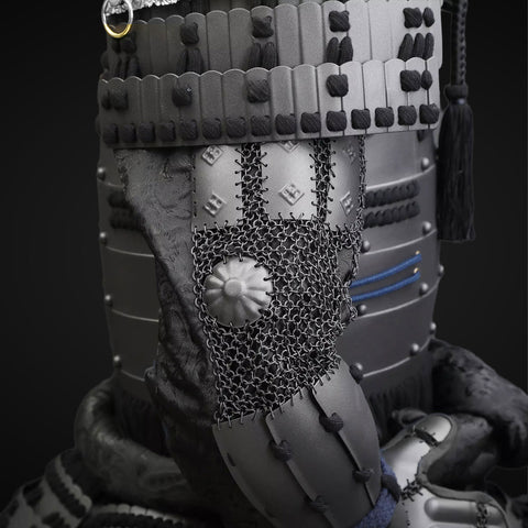 Authentic Japanese armor set with bull antlers, ideal for cosplay, display, and historical appreciation.

