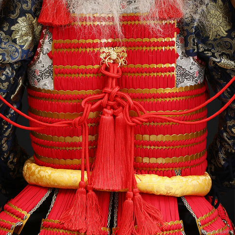 Life-size handcrafted Takeda armor with traditional samurai details, glowing accents inspired by modern enchantments, and an iconic yak-haired helmet symbolizing elite warrior status.

