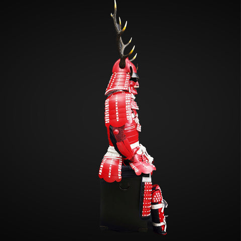 Tokugawa-Inspired Red Samurai Armor with Brown Deer Antlers and Armor of God Elements

