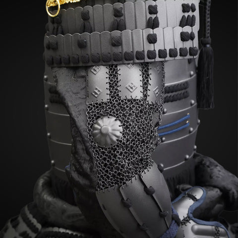 Authentic Japanese armor set with bull antlers, ideal for cosplay, display, and historical appreciation.

