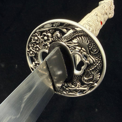 Close-up of the natural hamon on the clay-tempered Honsanmai katana blade-SL-1228-U
