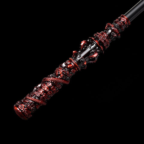 Detailed macro shot of red and black sculpted alloy end fittings with engraved ornamentation, inspired by Black Myth: Wukong game weapon design

QQhsjgb