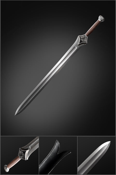 Full view of the handmade Conan Mother’s Sword featuring a 71 cm Damascus steel blade and iron fittings, perfect for collectors and cosplay enthusiasts.