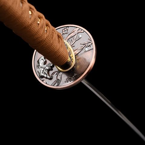 Full display of the Bloodbane sword with its dual-tone zinc alloy fittings and copper guard.

