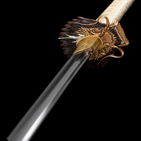 Full katana resting on a wooden stand, showcasing its complete design

