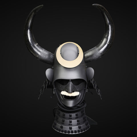 Samurai armor with bull antlers, symbolizing strength and honor in Japanese warrior culture.

