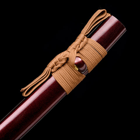 Bloodbane blade resting in its crimson lacquered scabbard, showcasing its bold design.

