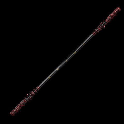 High-resolution zoom-in on textured black rope grip wrapping around the staff handle, enhancing hand control and visual texture

QQhsjgb
