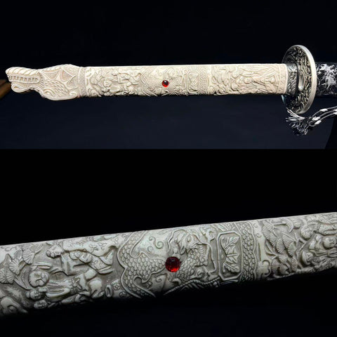 Close-up of the iron tsuba with an intricate dragon pattern on the Honsanmai samurai sword-SL-1228-U
