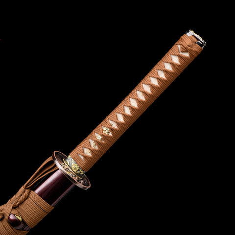 Full view of the Bloodbane sword with crimson lacquered scabbard and zinc alloy fittings.

