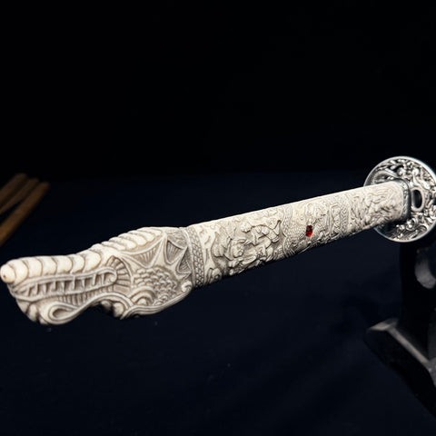Detailed view of the bone tsuka handle with genuine rayskin and traditional katana wrapping-SL-1228-U
