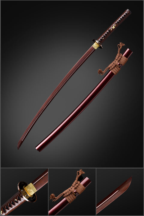 Handmade Japanese Samurai Katana with Folded Steel and Small Kurumaru Red Hamon

