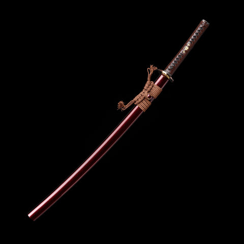 Full-length katana displayed on a stand, highlighting its elegant design


