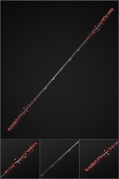 Full-length product image of 180cm Ruyi Jingu Bang staff replica from Black Myth: Wukong, featuring matte black stainless steel shaft and anti-slip black rope grip

QQhsjgb