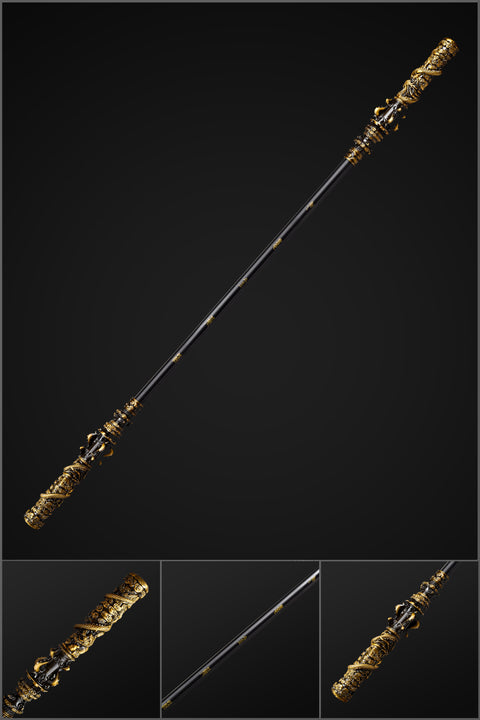 Full-length view of 180cm Sun Wukong staff replica inspired by Black Myth Wukong, featuring matte black steel and rope grip
QQhjjgb