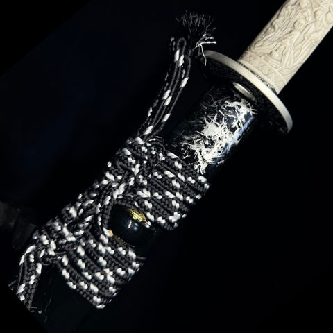 Full-length view of the 106 cm Honsanmai samurai sword with a clay-tempered blade and bone tsuka handle-SL-1228-U