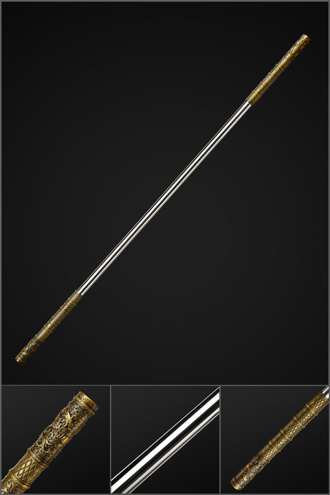  Full-length view of 150cm stainless steel Sun Wukong staff replica with gold-engraved alloy fittings

QQbxgmnjgb