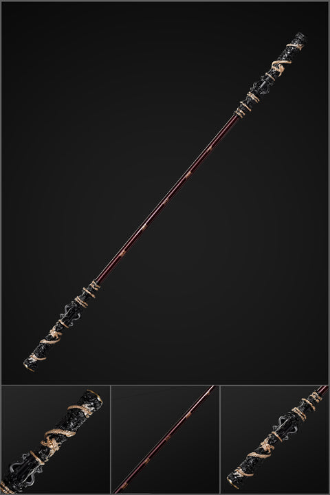 Full view of the 180cm Ruyi Jingu Bang replica from Black Myth Wukong, showing full length and alloy-capped ends in stunning detail QQzsjgb

Close-up of the gold-engraved Chinese characters 如意金箍棒 on the staff body, etched in vibrant purple-gold against a black-go
