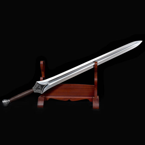 Handmade Conan Mother’s Sword displayed on wooden stand

