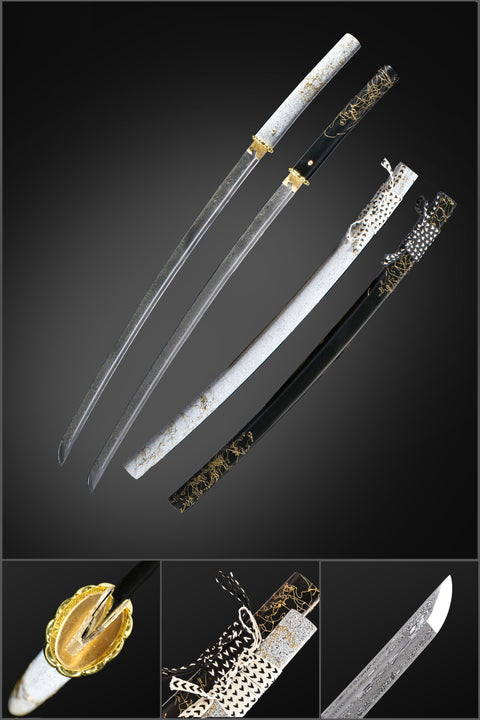 Ghost of Yotei Atsu Katana – Damascus Steel Gilded Dawn & Night Samurai Sword QQ-02702U
