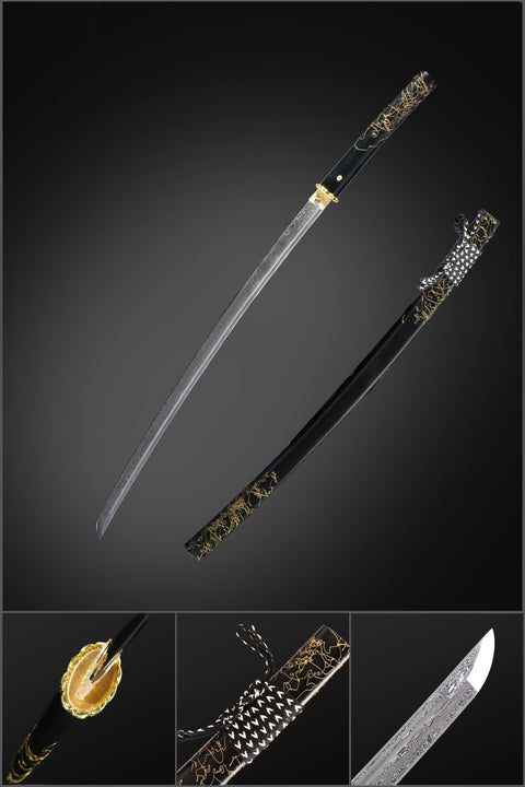 Ghost of Yotei Atsu Gilded Night Damascus Steel Katana full view QQ-02702U QQ-0269U