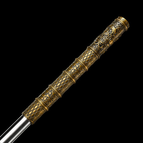 Shiny silver stainless steel staff body featuring gold alloy decorative engravings inspired by Monkey King’s weapon
QQbgjmnjgb
