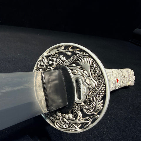 Hand forged Honsanmai katana sword with bone tsuka handle and dragon-pattern iron fittings-SL-1228-U
