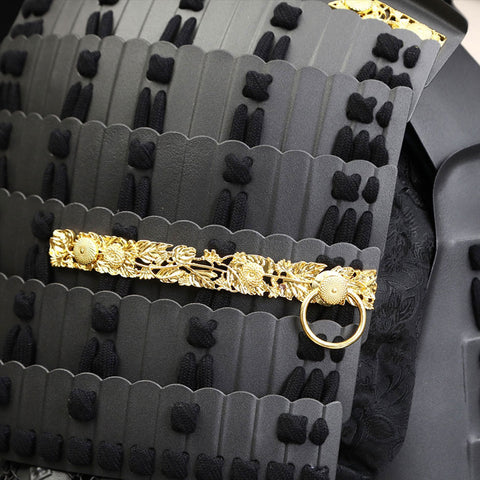 Black samurai armor with a distinctive bull antlers helmet, representing power and tradition.

