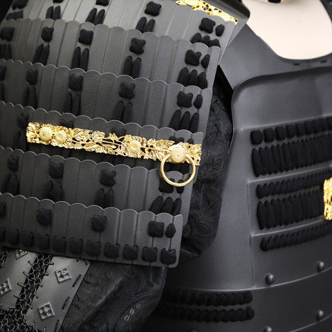 Black samurai armor with a distinctive bull antlers helmet, representing power and tradition.

