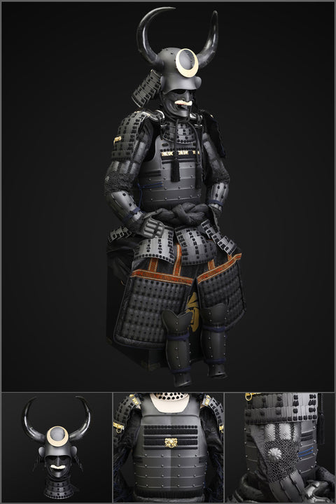 Handmade black samurai armor with bull antlers, a life-size Yoroi for collectors and history enthusiasts.
