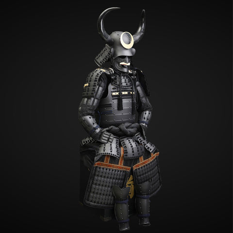 Japanese armor with bull antlers, inspired by traditional samurai craftsmanship and warrior aesthetics.
