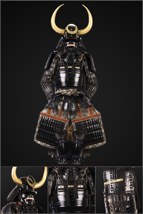 Handmade Black Samurai Armor with Golden Bull Antler