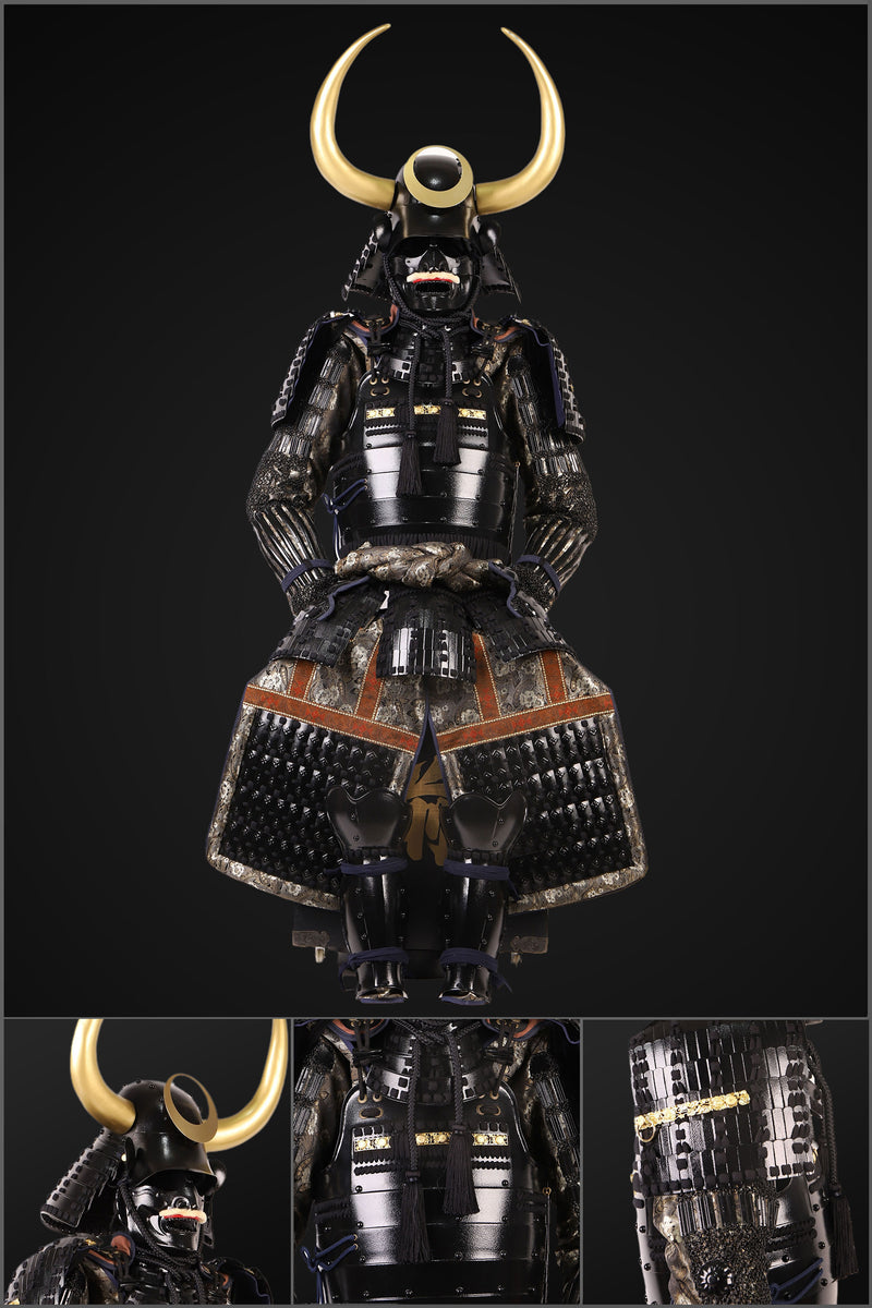 Handmade Black Japanese Samurai Armor with Golden Bull Antler, Full-Si 