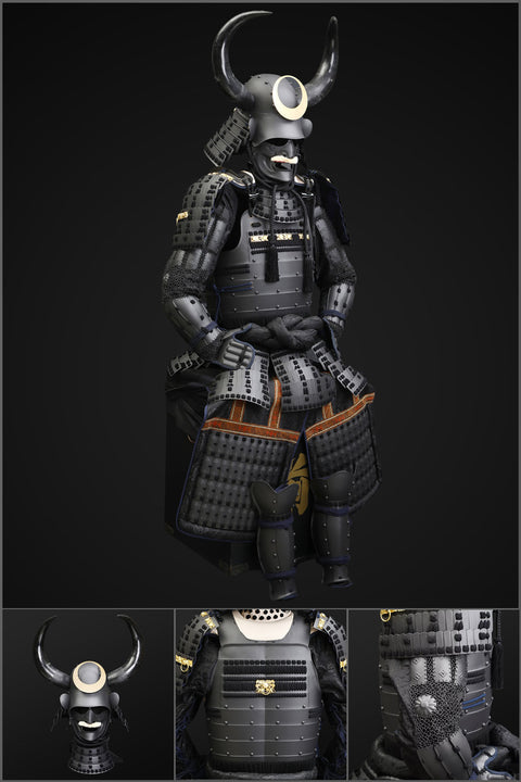 Handmade black samurai armor with bull antlers, a life-size Yoroi for collectors and history enthusiasts.


