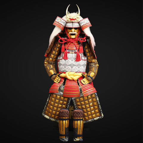 Japanese armor samurai style, featuring the ornate Takeda Clan design with golden hues and traditional samurai craftsmanship, crowned with a unique yak-haired helmet.

