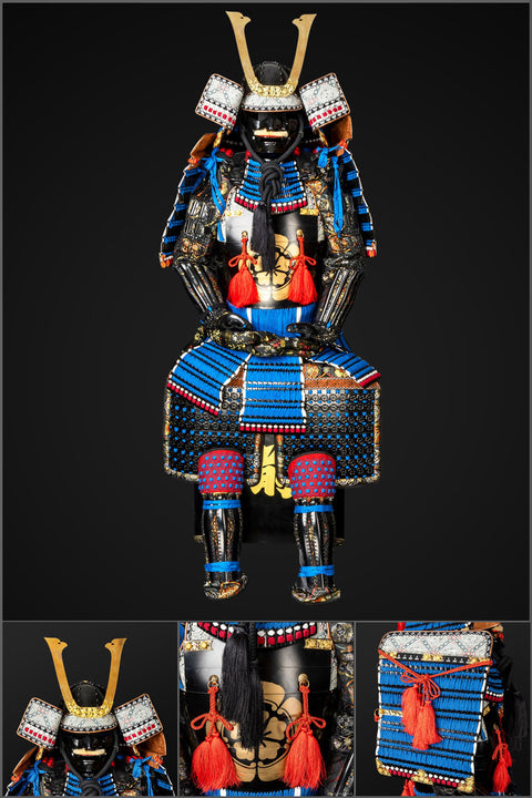 Handmade Life-Size Oda Clan Samurai Armor – Kachi Blue & Black Yoroi

