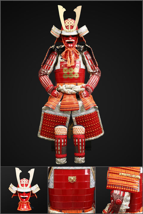 Life-size red Samurai armor inspired by Yukimura Sanada, with intricate detailing on the Kuro Kuwagata helmet and Yoroi, showcasing the warrior's heritage.

