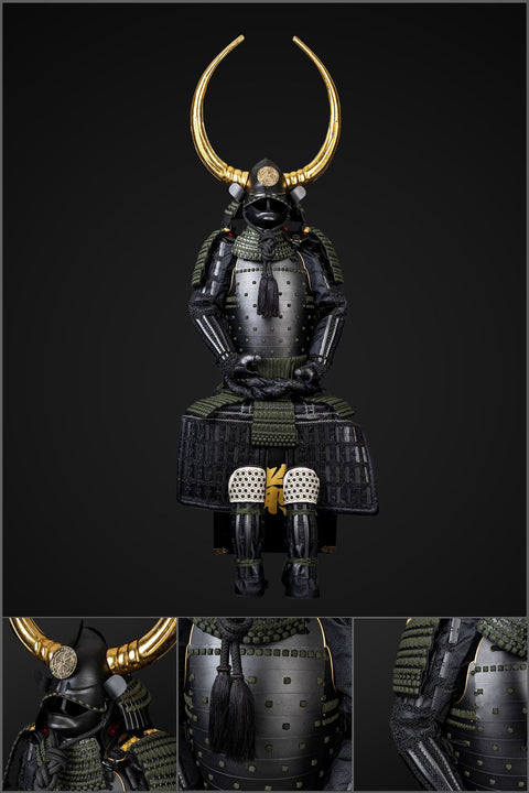 Handmade Life-Size Yoroi Black Sanada Nobuyuki Samurai Armor with intricate details, combining traditional samurai craftsmanship with modern armor trim techniques.


