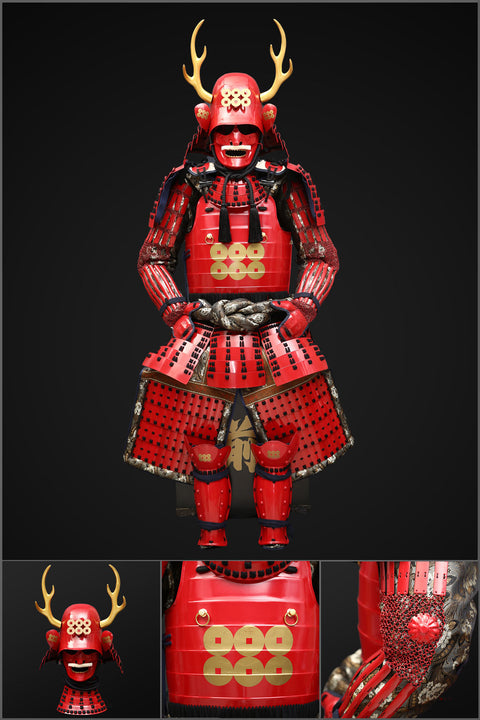 Handmade Life-Size Red Yukimura Sanada Samurai Armor with Deer Antlers, Armored Design

