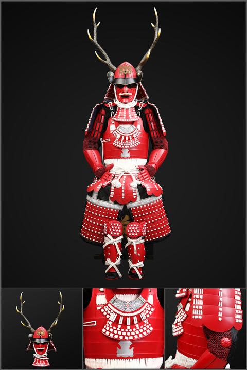 Handmade Life-Size Japanese Yoroi Red Samurai Armor for Sanada Yukimura with Brown Deer Antlers

