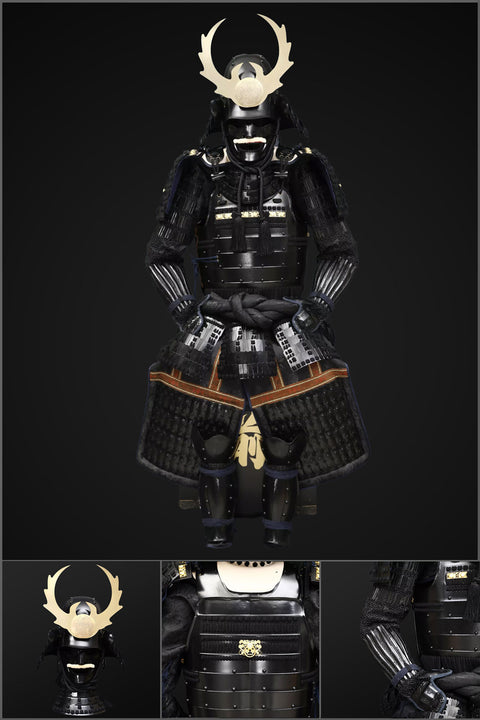 Handmade Tokugawa Clan black samurai armor set, offering protection like heavily armored military vehicles.

