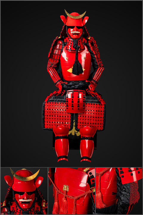 Handmade Red Masamune Date Japanese Samurai Armor – Life-Size Yoroi with Crescent Suji Helmet