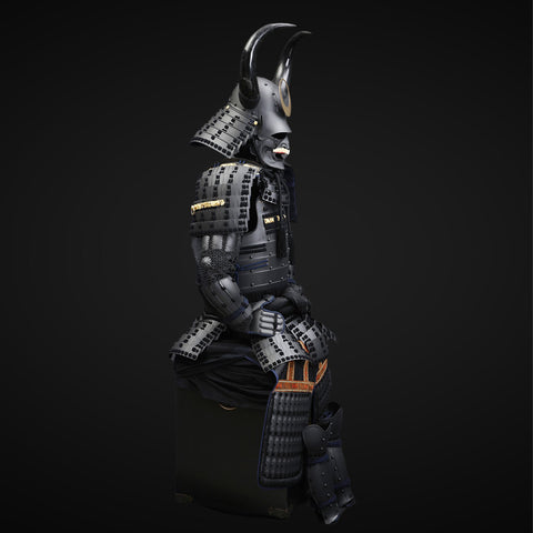 Authentic handmade black samurai armor with bull antlers, embodying the spirit of ancient warriors.

